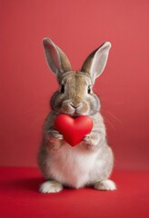 Poster - bunny with heart, love, Easter, wedding celebration, greeting card concept - cute bunny with red heart isolated on red background