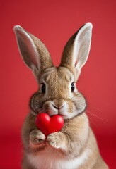 Poster - bunny with heart, love, Easter, wedding celebration, greeting card concept - cute bunny with red heart isolated on red background