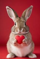 Poster - bunny with heart, love, Easter, wedding celebration, greeting card concept - cute bunny with red heart isolated on red background