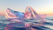 3D rendering of a beautiful iridescent glass sculpture floating on the surface of a calm sea.