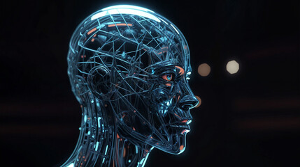 Poster - A close up of a face made of glass. The face is very detailed and has a metallic look to it. Scene is futuristic and somewhat eerie