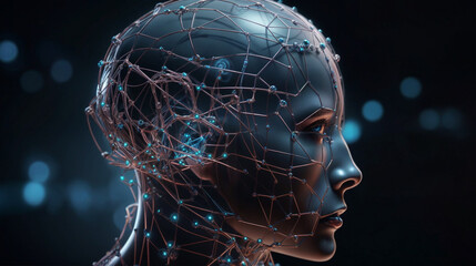 Poster - A woman's face is shown with a web of wires and lights. Concept of technology and artificial intelligence, as if the woman is a machine or a robot