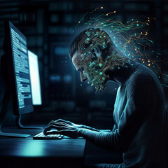 Poster - A man is typing on a computer with a face on the screen. Concept of technology and artificial intelligence, as the man's face is displayed on the computer monitor. Scene is somewhat eerie