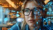 © Stock Media Labs - Close-up of a focused woman of real estate advisor wearing glasses looking at a complex, Symbolizing advanced urban planning. Futuristic holographic digital blueprint interface.