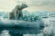 a polar bear sitting on an iceberg with plastic bottles garbage, plastic pollution
