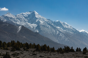 Wall Mural - Bright sunny day in Himalayan mountains, valley and snowcapped peaks of Annapurna Circuit range.