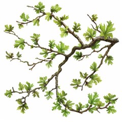 branch of an oak tree with fresh spring leaves against a white background
