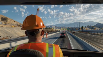 Wall Mural - construction worker wearing a hard hat, a reflective vest, and currently working on a high-speed highway construction site. 