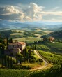 Tuscany landscape with grain fields, cypress trees and houses on the hills at sunset. Summer rural landscape with curved road in Tuscany, Italy, Europe