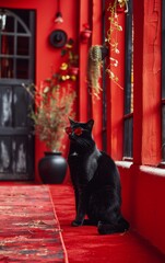 Wall Mural - A black cat wearing sunglasses and a red rose in its mouth sits on a red carpet