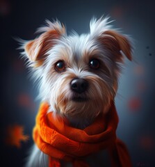 Wall Mural - A dog is wearing an orange scarf and looking at the camera