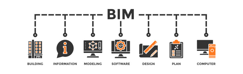 BIM banner web icon illustration concept for building information modeling with icon of building, information, modeling, software, design, plan, and computer