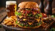 Mouthwatering triple burger with cheese and beer on wooden table