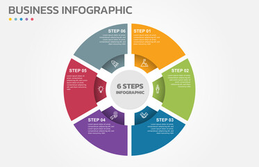 Poster - Visual data presentation. Cycle diagram with 6 options. Pie Chart Circle infographic template with 6 steps, options, parts, segments. Business concept. Marketing infographic vector illustration.