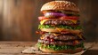 Delicious towering stack of various hamburgers with fresh ingredients