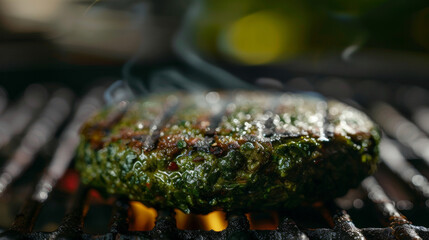 A closeup of an algaebased patty sizzling on a grill and releasing a rich and savory aroma. The patty is made from a blend of multiple algae species making it a highly nutritious