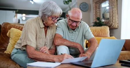 Wall Mural - Senior, couple and writing on documents for finance, investment contract and life insurance on sofa of home. Elderly, man and woman with laptop and paperwork for mortgage application and pension fund