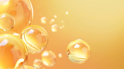 Wall Mural - Oil bubbles collagen skin serum on gold yellow background. concept skin care cosmetics.