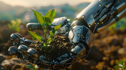 Metal hands, soil and young seedling, symbolizing the combination of nature and technology that can work together for sustainable development or our hope that technology will make human life better.