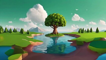 Wall Mural - World Environment Day with low poly tree and cloud and river on the floor with globe created with generative ai.