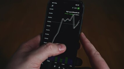 Aufkleber - Mobile phone stock market crypto currency. Media. Close-up of man betting on financial exchange. Cryptocurrency and scripted market charts on phone