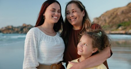 Poster - Beach, face and mother with granny, kid and happiness with hug or bonding together with vacation. Portrait, family, mama and grandma with girl and embrace with sunshine, smile or holiday with seaside