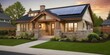 A high-end suburban home designed with eco-friendly features, featuring a photovoltaic system on its roof with solar panels on the gable roof and driveway, surrounded by a gorgeous landscaped yard.