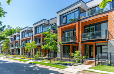 Wall Mural - A photo shows the exterior front view of new townhouses with glass balconies, brick walls and greenery on an urban street during a summer day