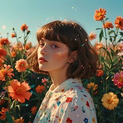 Wall Mural - Portrait of a beautiful woman in flower field