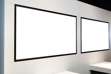 Wall Mural - 2 Horizontal Blank digital screen mockup template. Background texture of two empty board mounted on wall to showcase or display advertisement or information, with copy space for your design.