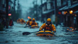 洪水・水害・水没・大雨・豪雨・台風・自然災害の被災地に救助に行くカヤックに乗った救助隊