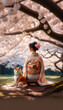 Tranquil Moment with Kimono Girl and Shiba Under Cherry Tree