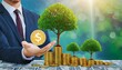 A businessman holding a coin with a tree that grows