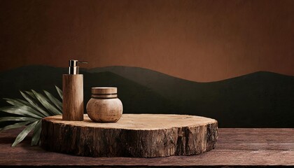 Wall Mural - Rustic wood podium display for food, perfume, jewellery and cosmetic products on dark