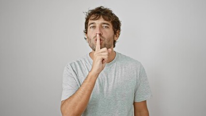 Wall Mural - Shh! young blond man in casual t-shirt effortlessly signals for silence. gesturing 'stop talking' with finger on lips secret sign, he stands isolated on a white background.