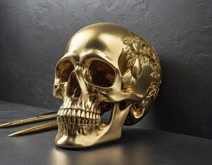 Gold human Skull, Anatomy and medicine concept image.