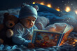 Bedtime Story: a baby reading a bedtime story in the bed cozy pajamas and stuffed animals nearby.