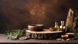 Rustic wood podium display for food, perfume, jewellery and cosmetic products on dark