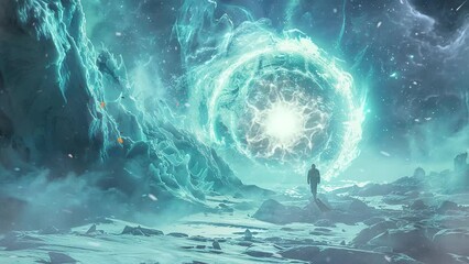 Wall Mural - cinematic shot interdimensional traveler pops up. seamless looping overlay 4k virtual video animation background