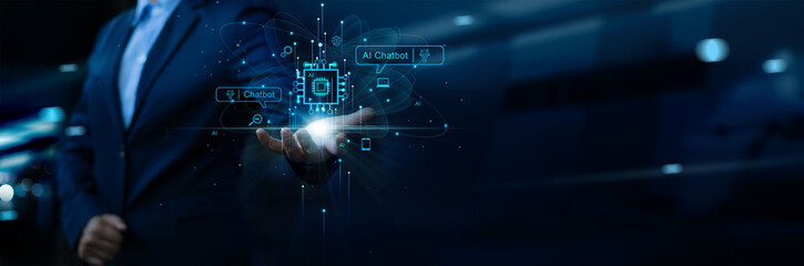 Poster - Ai technology, Artificial Intelligence. Businessman hold technology smart robot AI, connect Chatbot for provide access to data in online network, Futuristic technology transformation.