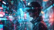 Futuristic Cyberpunk Hacker Immersed in Holographic Interfaces and Intricate Code with Virtual Reality Elements