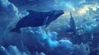 Ethereal scene where a massive whale swims through clouds above a sleeping city, depicting the boundary between reality and dreams