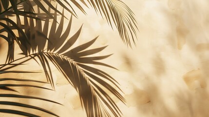 Aufkleber - Abstract background of shadows palm leaves on a sand color wall Summer beach concept with palm tree leaf : Generative AI