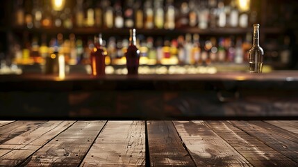Aufkleber - Wooden board on a background of bottles with alcohol Old bar counter as layout for design Workpiece for design Empty place to advertise products Blurred interior of the bar in the back : Generative AI