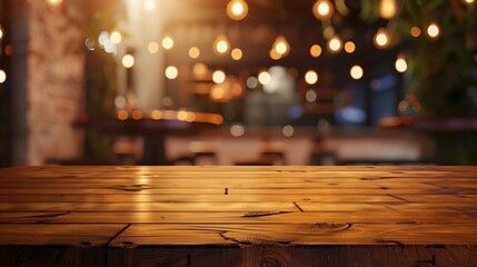 Aufkleber - Empty brown wooden table and blur background of resturant lights can be used for montage or display your products with copy space business concept : Generative AI