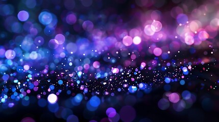 Poster - Blur neon light Lens flare overlay Bokeh fluorescent flash gleam Defocused blue purple color flecks on dark black abstract background : Generative AI