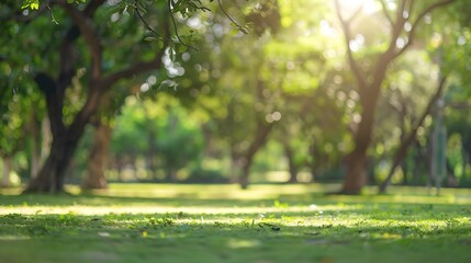 Wall Mural - Blurred nature green tree in a park background natural trees and lawn with walkway in outdoor garden with light bokeh from sunlight and sky Abstract blur nature landscape green environ : Generative AI