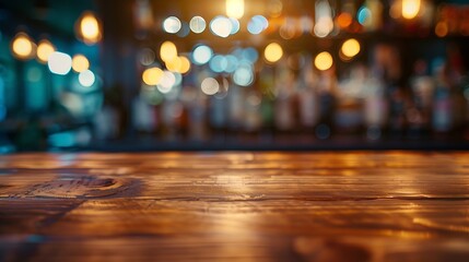 Aufkleber - Wooden bar counter with blurred background and bottle restaurant bar or cafeteria background : Generative AI