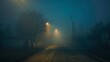 Selective blur on an smoggy foggy empty road street in the village of Vladimirovac in Vojvodina Banat Serbia in the countryside with a smog and fog during a cold freezing evening dusk  : Generative AI