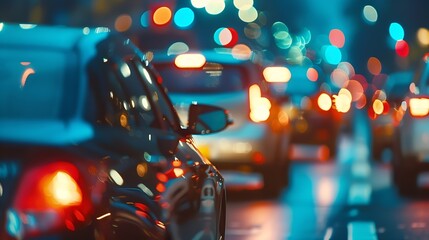 Aufkleber - Blurred lights evening city traffic bokeh Defocused night city traffic Blurred lights bokeh car headlights driving evening city road City night traffic background : Generative AI